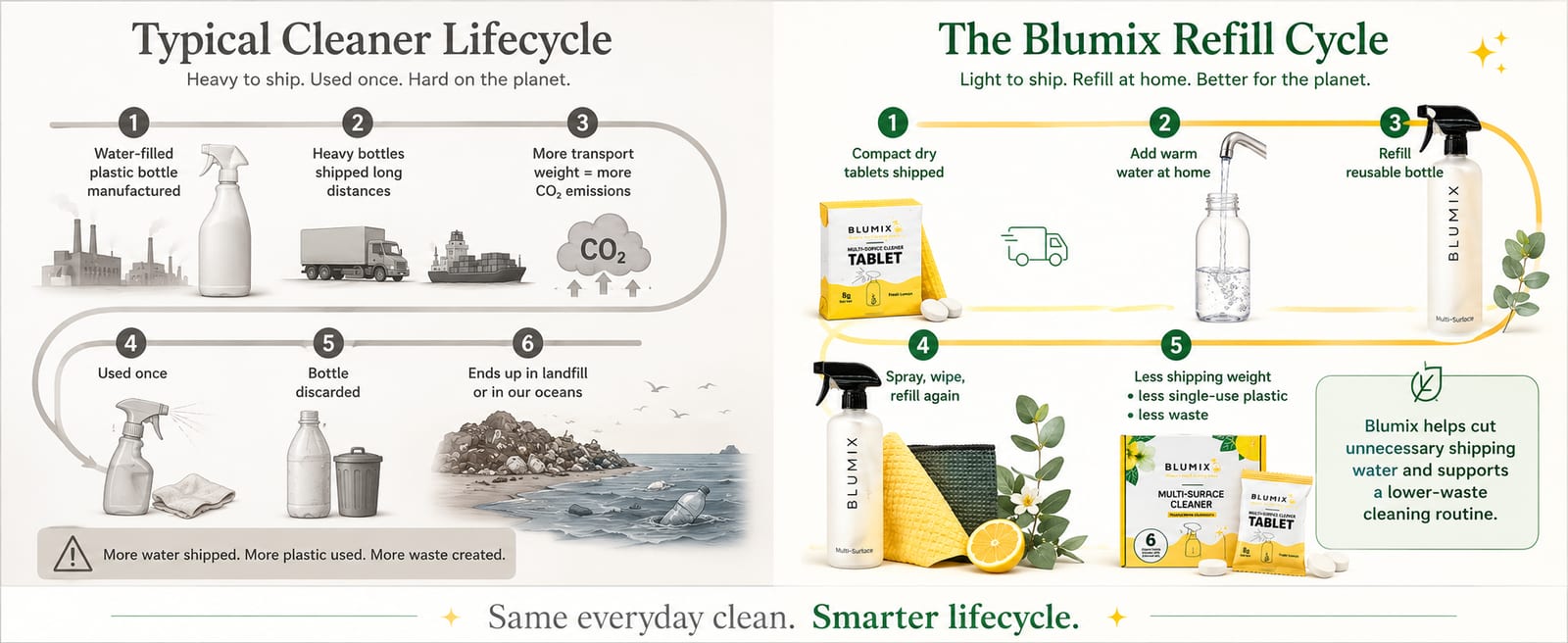 Typical cleaner lifecycle versus the Blumix refill cycle